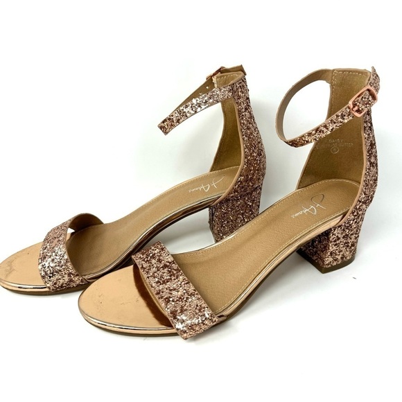 J. Adam’s Daisy Champagne Glitter block heel sandals 8 - Picture 1 of 10